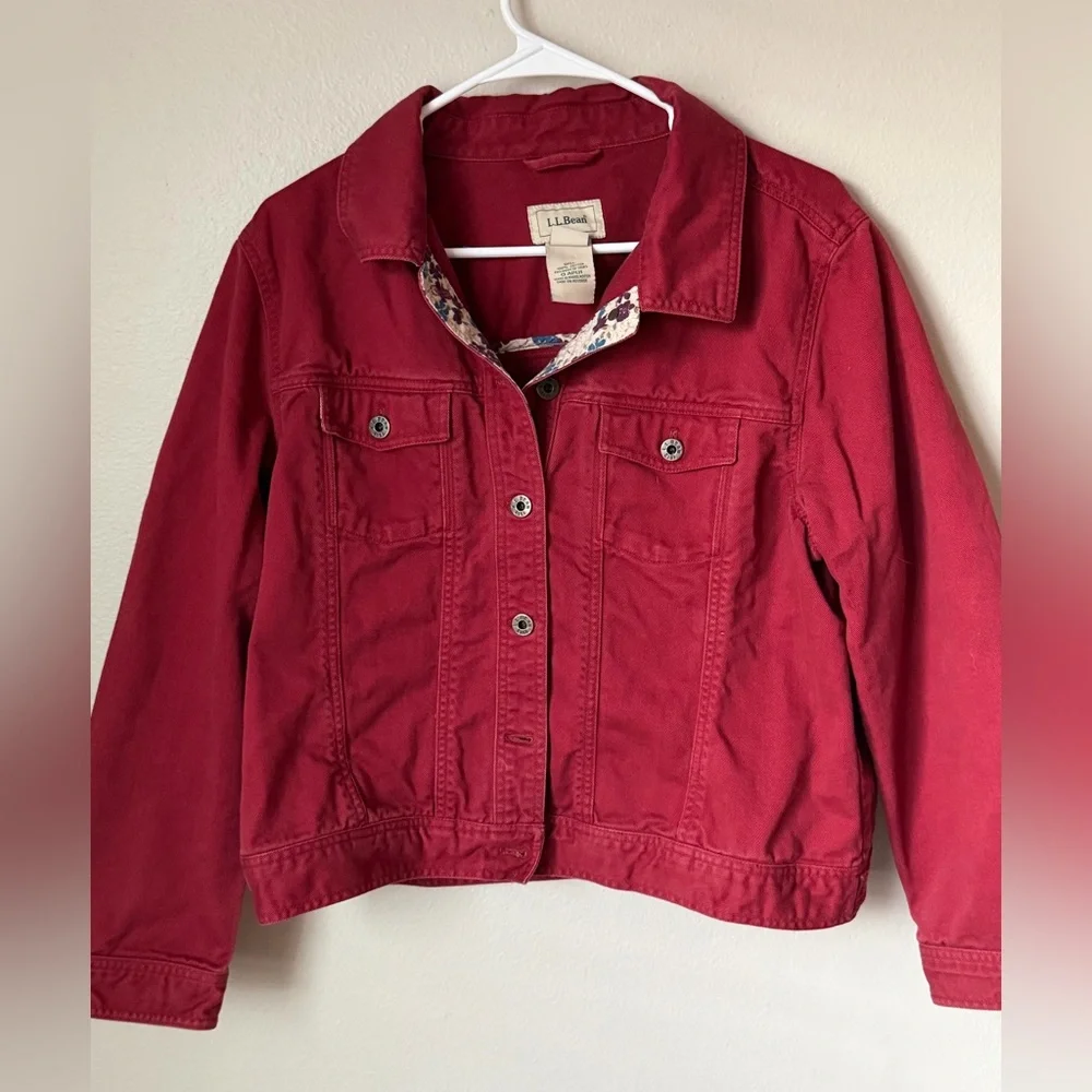 L.L. Bean Red Trucker Jacket With Floral Lined Collar Women’s Petite L Farmcore - Picture 2 of 5
